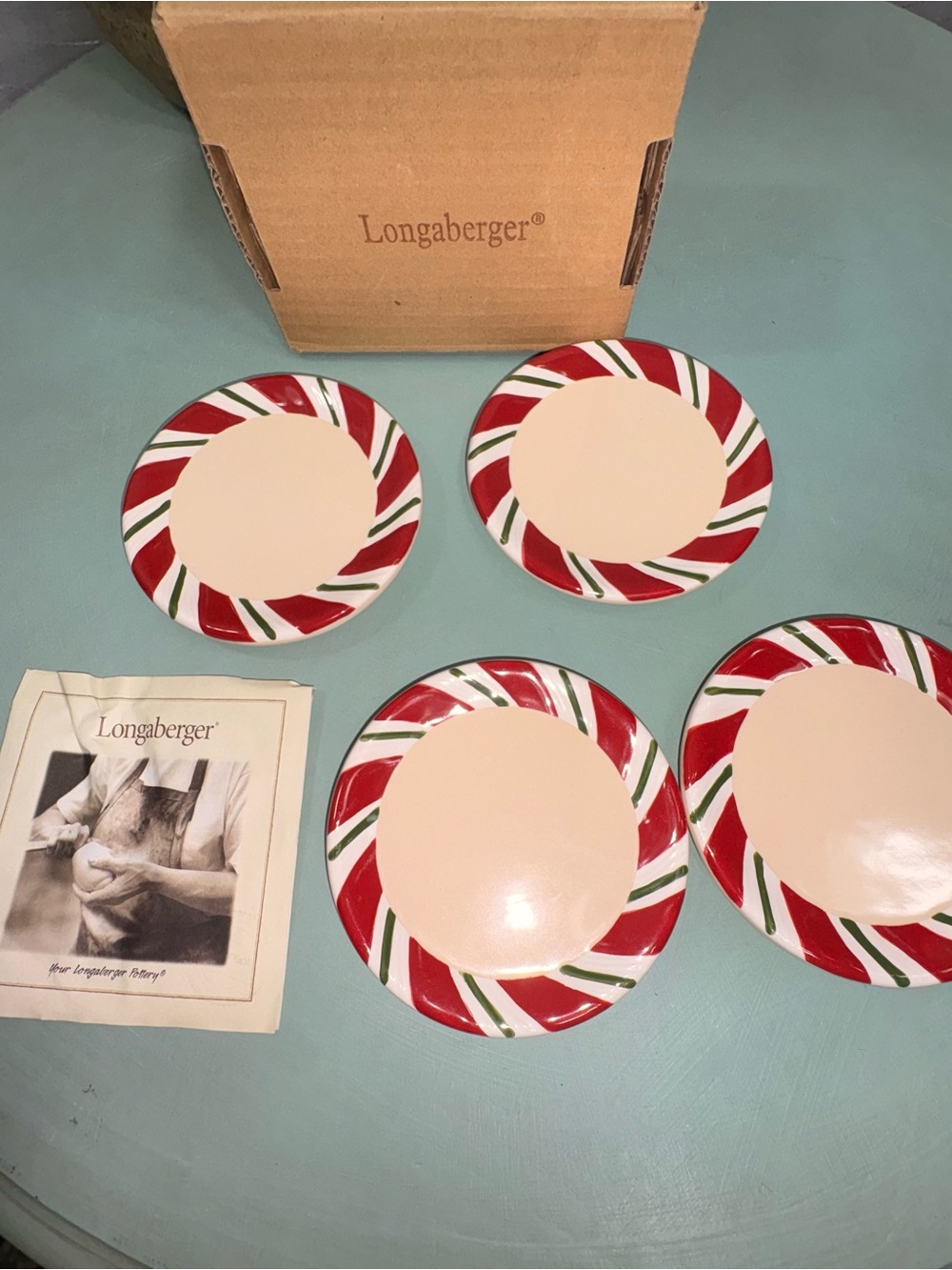 Longaberger Peppermint Twist Pottery Coasters Set of 4 Holiday